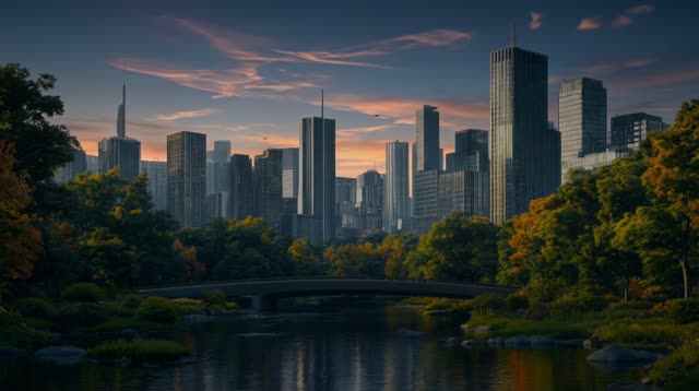 A cinematic skyline framed by riverside greenery and sunset.